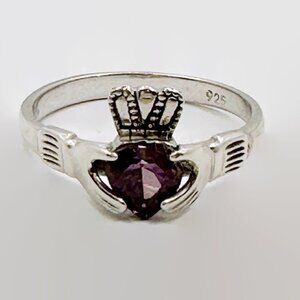 Vintage Sterling Silver Claddagh Ring: Amethyst Heart, Celtic Irish Jewelry